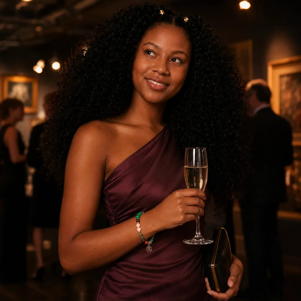 Scorpio crystal bracelet featured at a formal celebration, elegant horoscope jewelry ideal for meaningful gifting