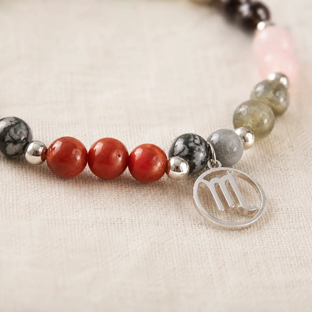 Scorpio crystal bracelet showcasing a silver Scorpio charm, premium astrology jewelry for personal expression