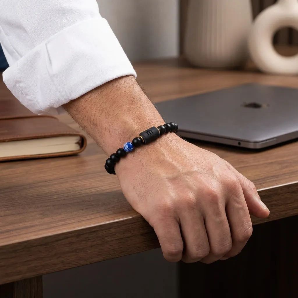 Scorpio Zodiac Bracelet worn in office with laptop, sleek astrology accessory combining professionalism with spiritual energy