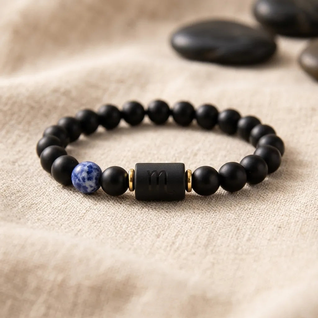 Scorpio Zodiac Bracelet on soft fabric with black beads and blue stone, minimalist healing bracelet designed for calm and daily balance