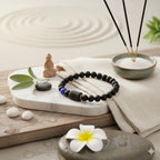 Scorpio Zodiac Bracelet displayed in spa setting with incense and stones, calming energy jewelry promoting relaxation and mindfulness