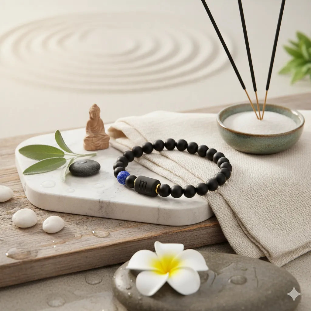 Scorpio Zodiac Bracelet displayed in spa setting with incense and stones, calming energy jewelry promoting relaxation and mindfulness