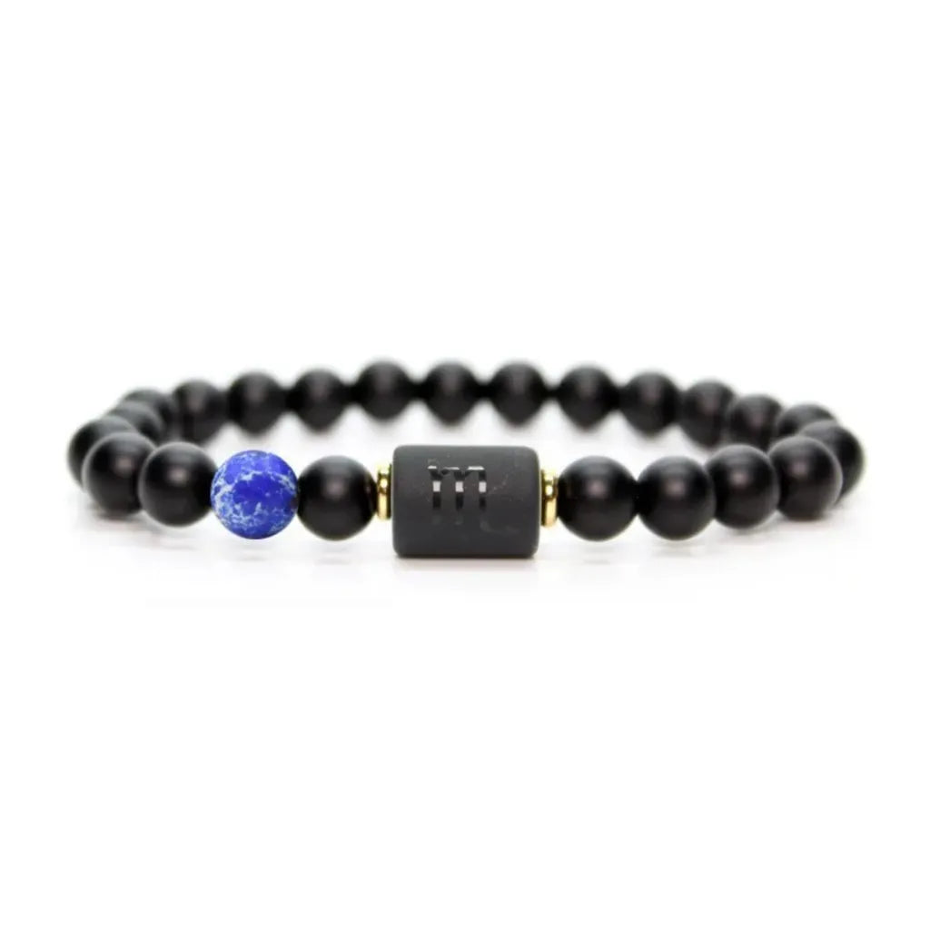 Scorpio Zodiac Bracelet with matte black beads and blue stone accent, minimalist astrology jewelry for daily wear confidence boost