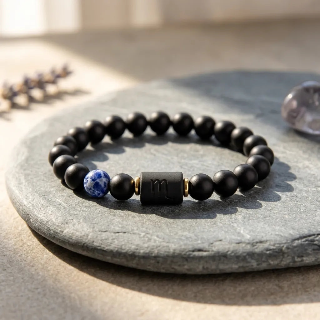 Scorpio Zodiac Bracelet on stone surface with black beads and blue accent, natural energy jewelry promoting balance and calm