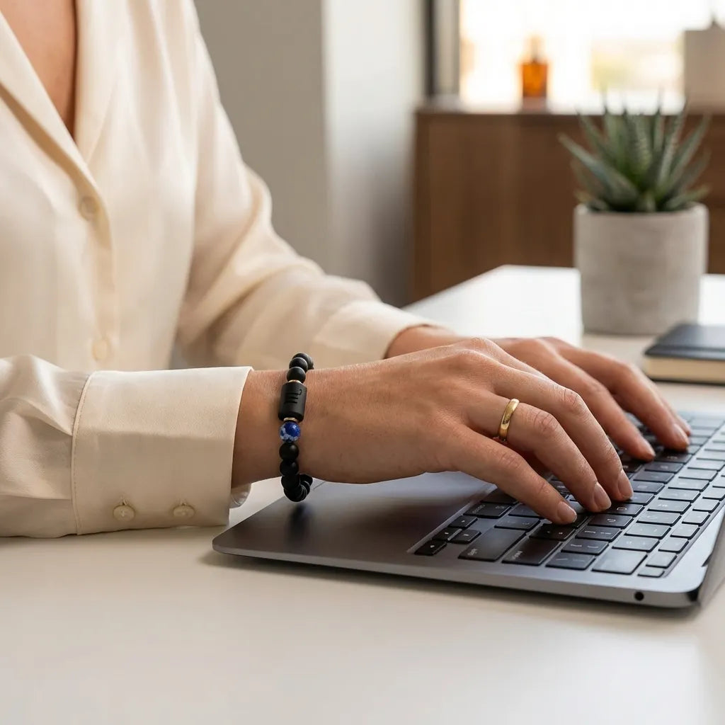 Scorpio Zodiac Bracelet worn while typing on laptop, unisex astrology jewelry enhancing focus, style, and daily productivity