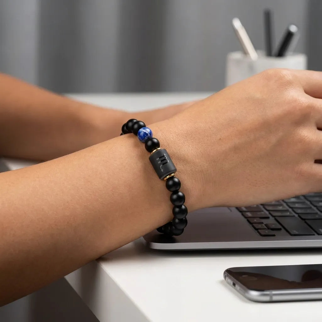 Scorpio Zodiac Bracelet worn at desk workspace, modern astrology jewelry perfect for professional style and subtle confidence boos