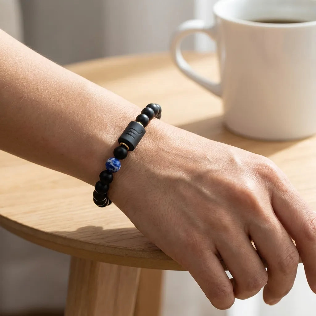 Scorpio Zodiac Bracelet styled with casual coffee setting, everyday astrology accessory boosting confidence and personal style