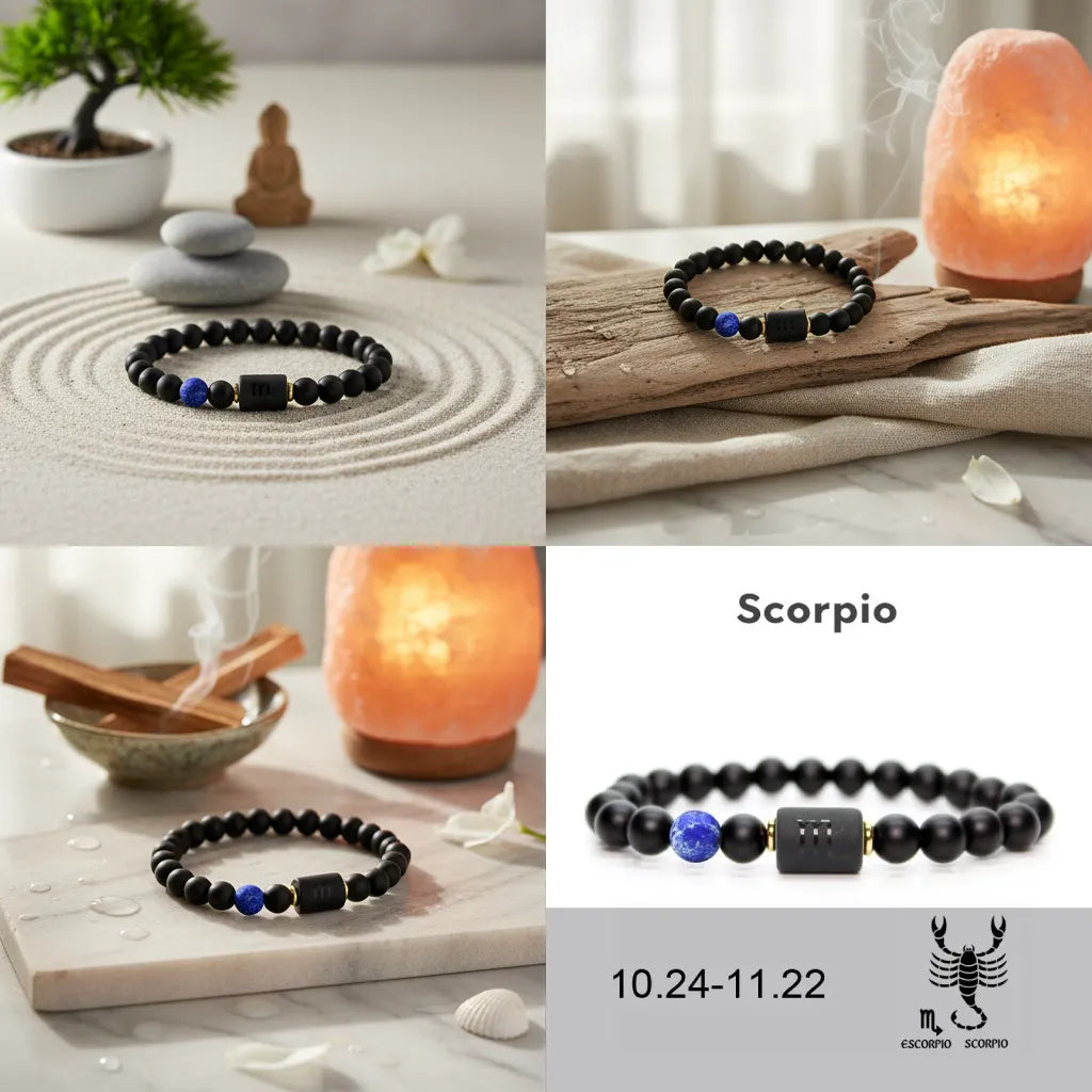 Scorpio Zodiac Bracelet in zen lifestyle collage with sand, incense and salt lamp, spiritual energy jewelry for relaxation and mindfulness