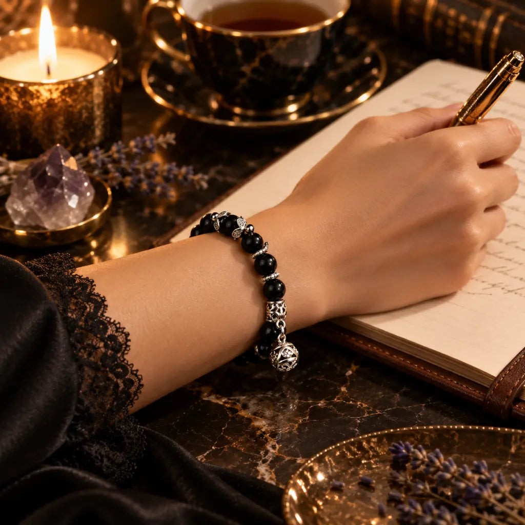 Shadow guardian obsidian bracelet with polished black beads and silver charm, worn on the wrist for sophisticated evening style.