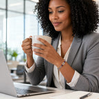 Woman in a professional setting holding a mug with a laptop on a desk