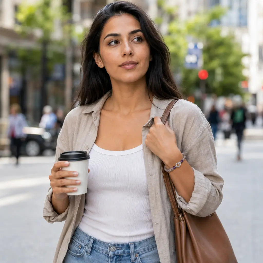 Woman walking on a city street holding a coffee cup