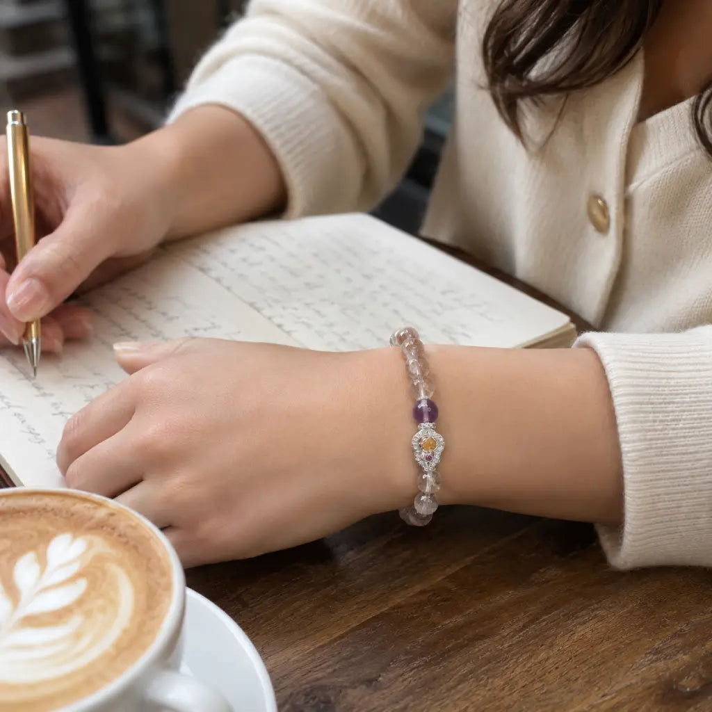 Person writing in a notebook with a cup of coffee on a wooden table
