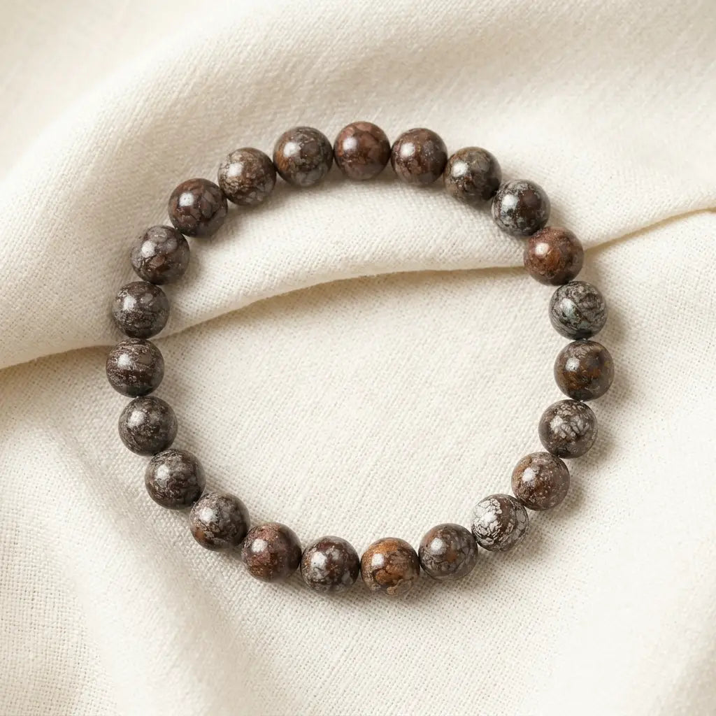 Snoflake bracelet natural brown jasper beads on soft cream linen, polished crystal jewelry for calm gift appeal
