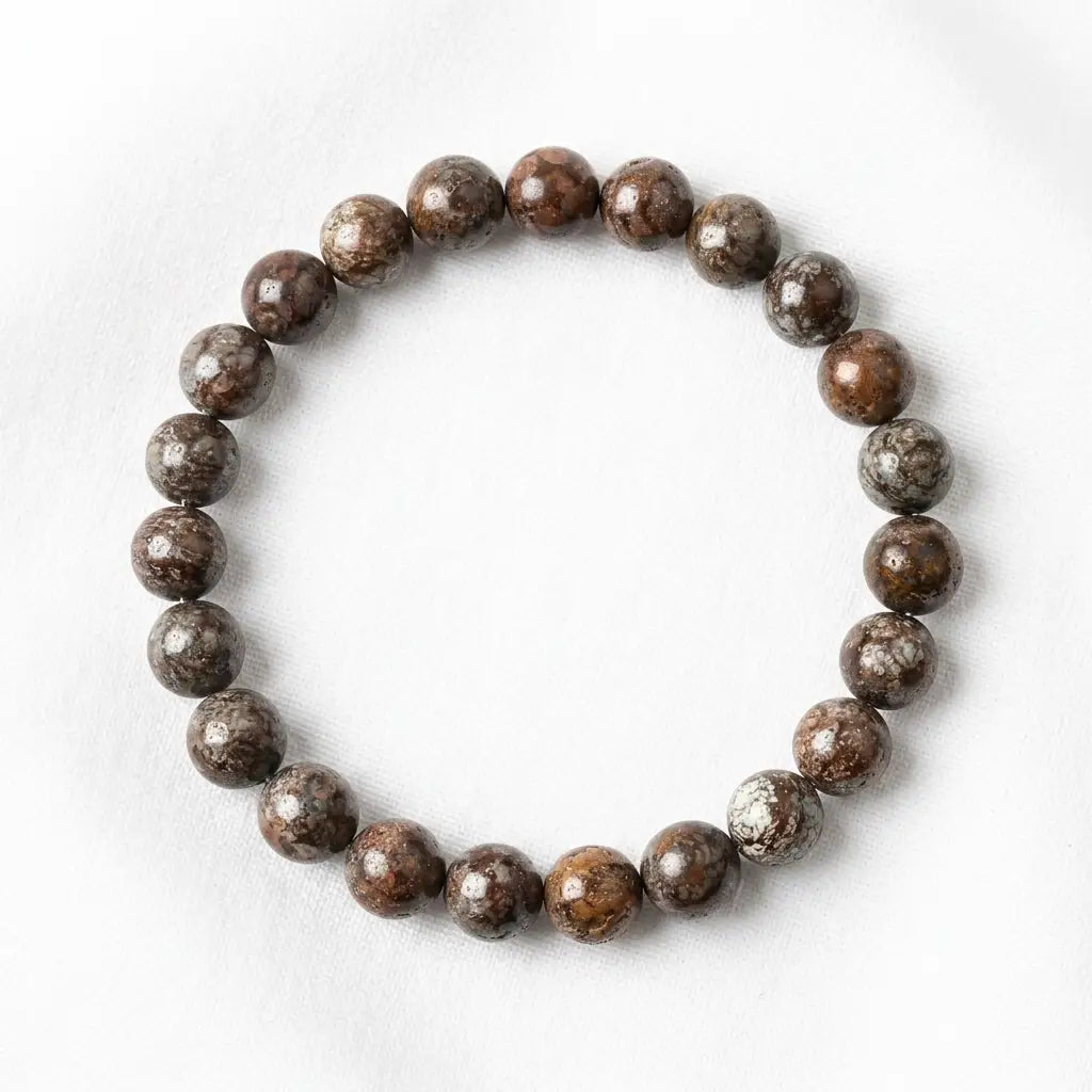Snoflake bracelet brown marbled stone beads on white fabric, simple crystal jewelry for meaningful gift styling