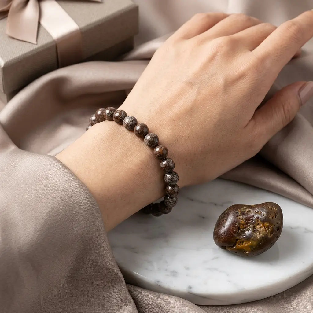 Snoflake bracelet brown speckled beads on wrist with gift box, earthy jasper jewelry for thoughtful gifting daily