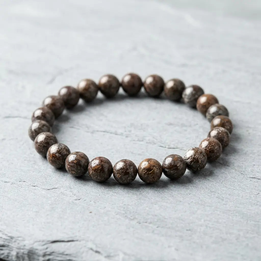 Snoflake bracelet brown speckled jasper beads on clean white fabric, simple crystal jewelry for daily balance