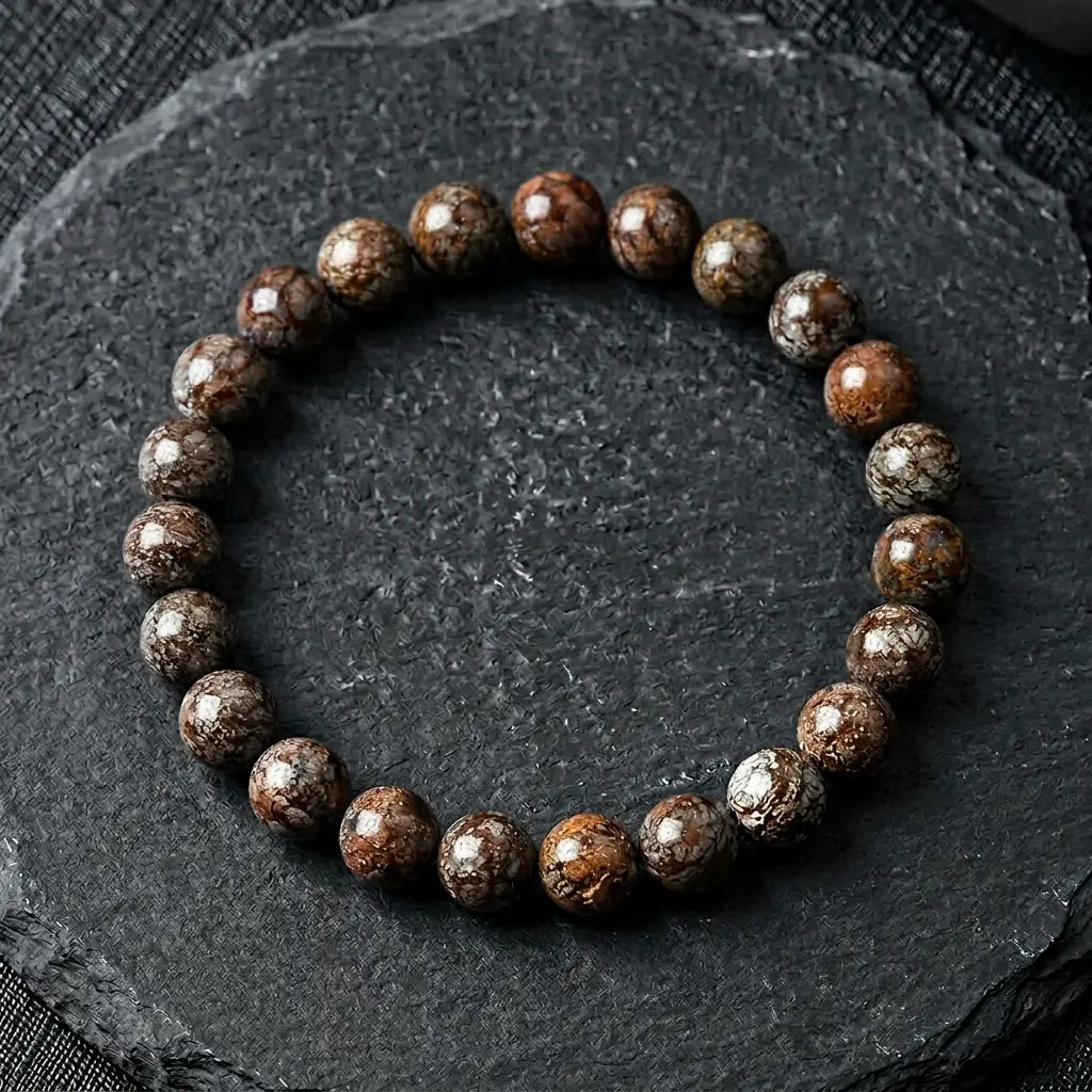 Text: Snoflake bracelet glossy brown stone beads on dark slate, premium gemstone jewelry for modern grounding style