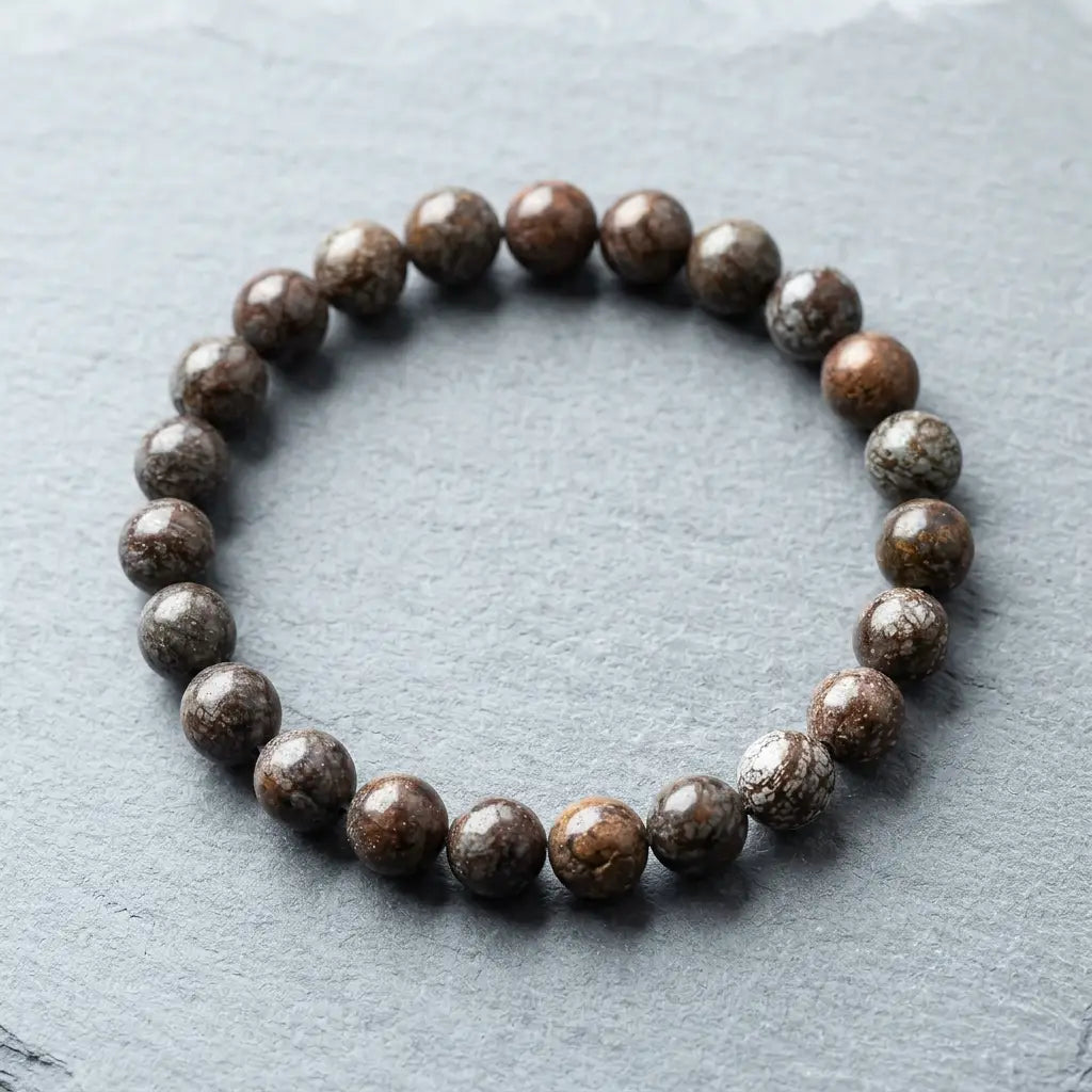 Snoflake bracelet premium brown speckled beads on gray stone, grounding gemstone accessory for everyday calm style