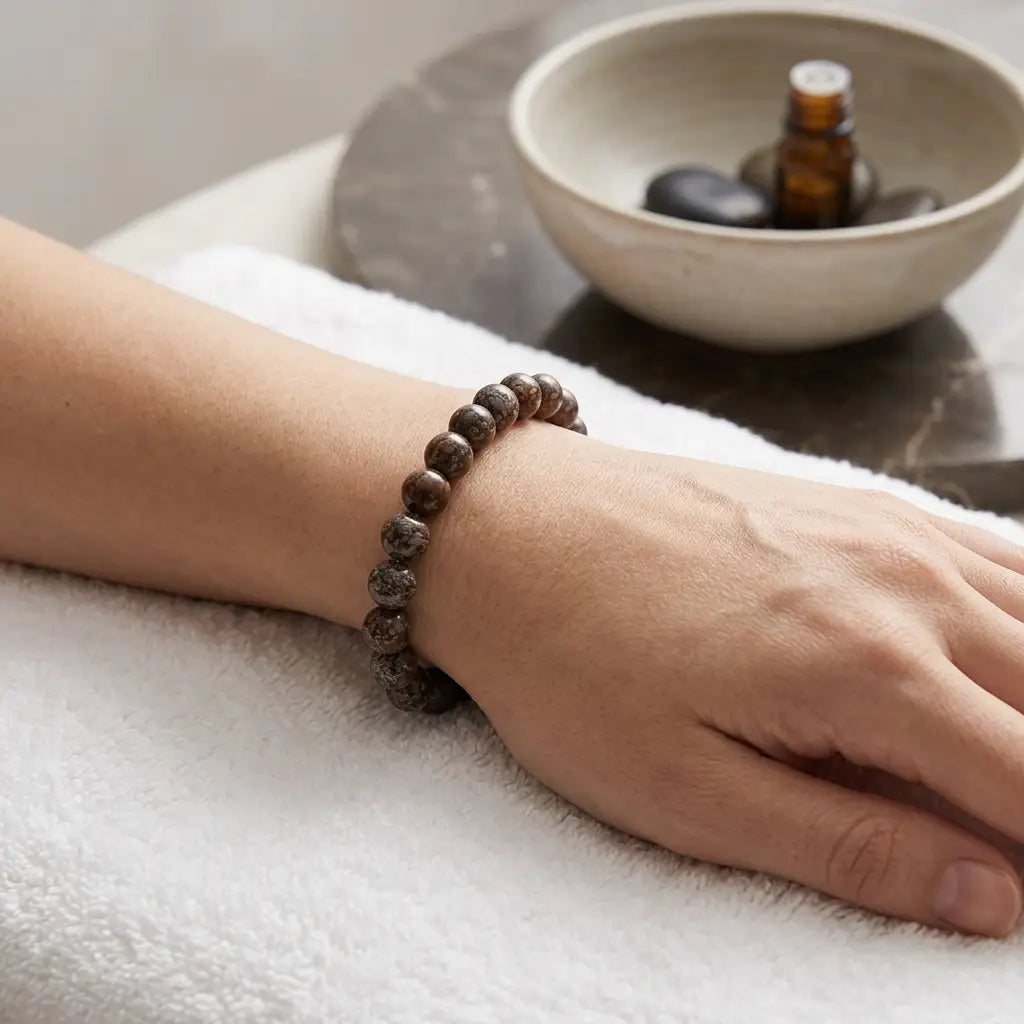 Snoflake bracelet polished brown beads on spa towel with aroma bowl, calming gemstone jewelry for self care ritual