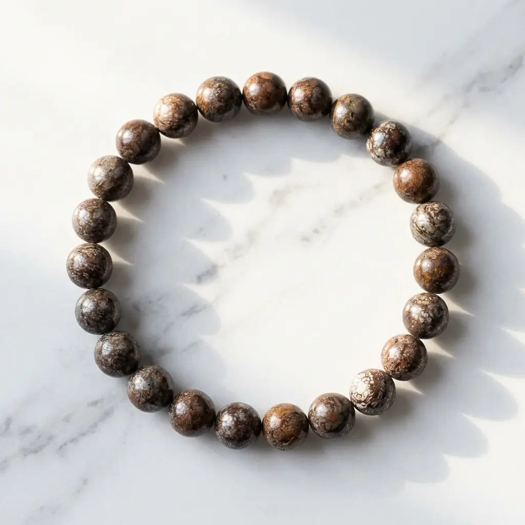 Snoflake bracelet polished brown beads on sunlit marble, earthy gemstone jewelry for elegant mindful gifting
