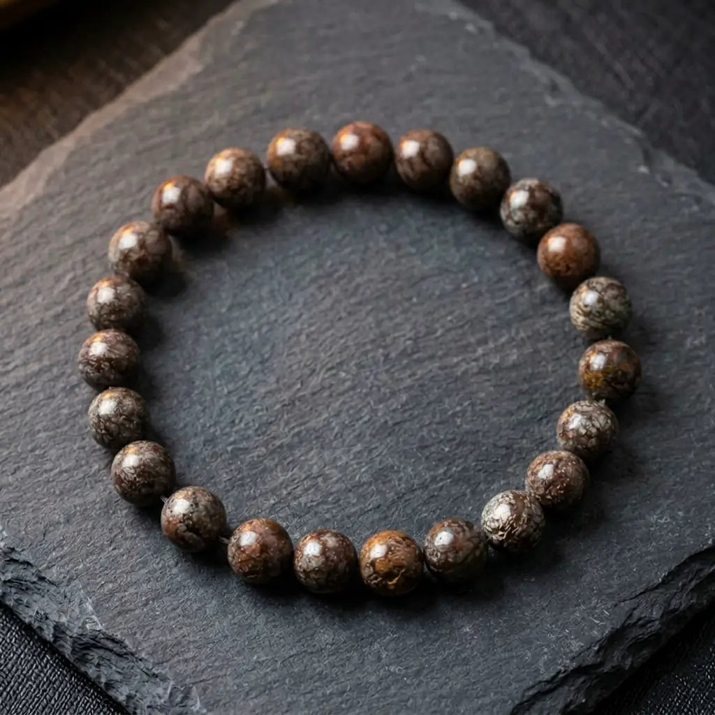 Snoflake bracelet brown marbled beads on black slate tray, bold gemstone jewelry for masculine natural style