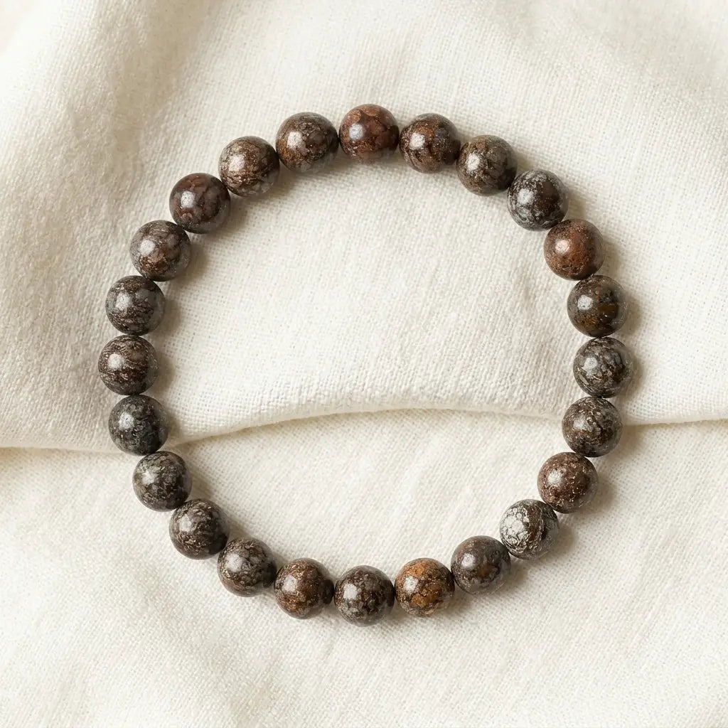Snoflake bracelet round brown jasper beads on cream linen, minimalist crystal jewelry for natural style daily wear
