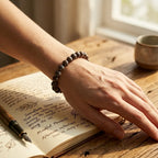 Snowflake bracelet brown speckled stone beads on wrist over journal, cozy crystal jewelry for mindful gifting daily