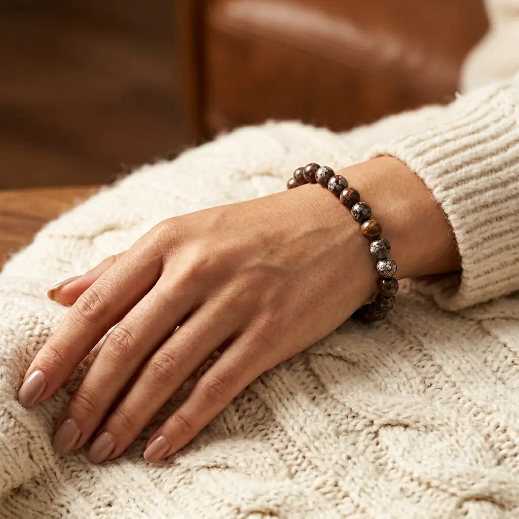 Snowflake bracelet polished brown snowflake jasper beads with cream sweater, warm boho jewelry for everyday calm