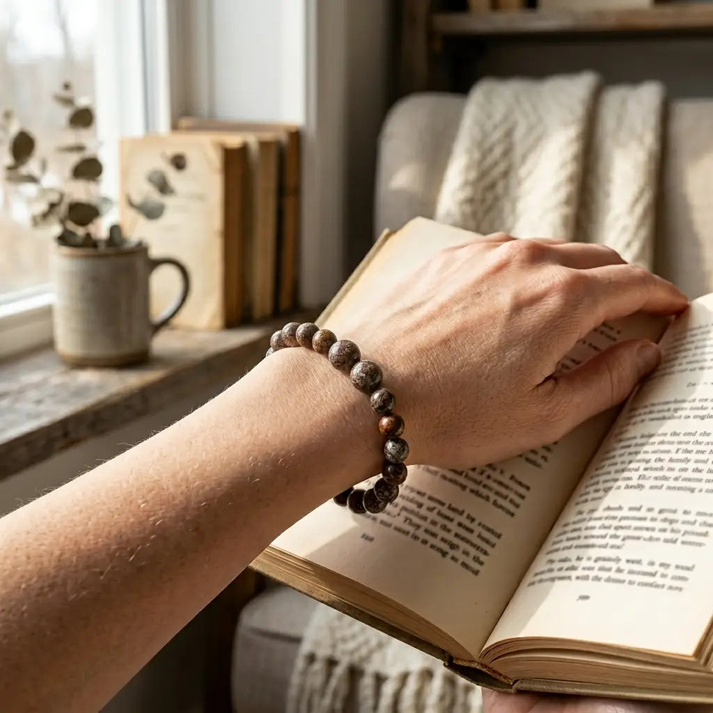 Snowflake bracelet natural brown jasper beads worn while reading, earthy gemstone jewelry for relaxed style daily