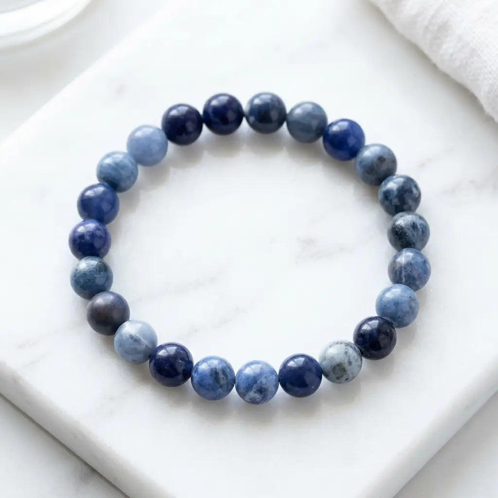 Sodalite stone bracelet polished blue bead bracelet on marble tile, natural gemstone jewelry for serene daily wear