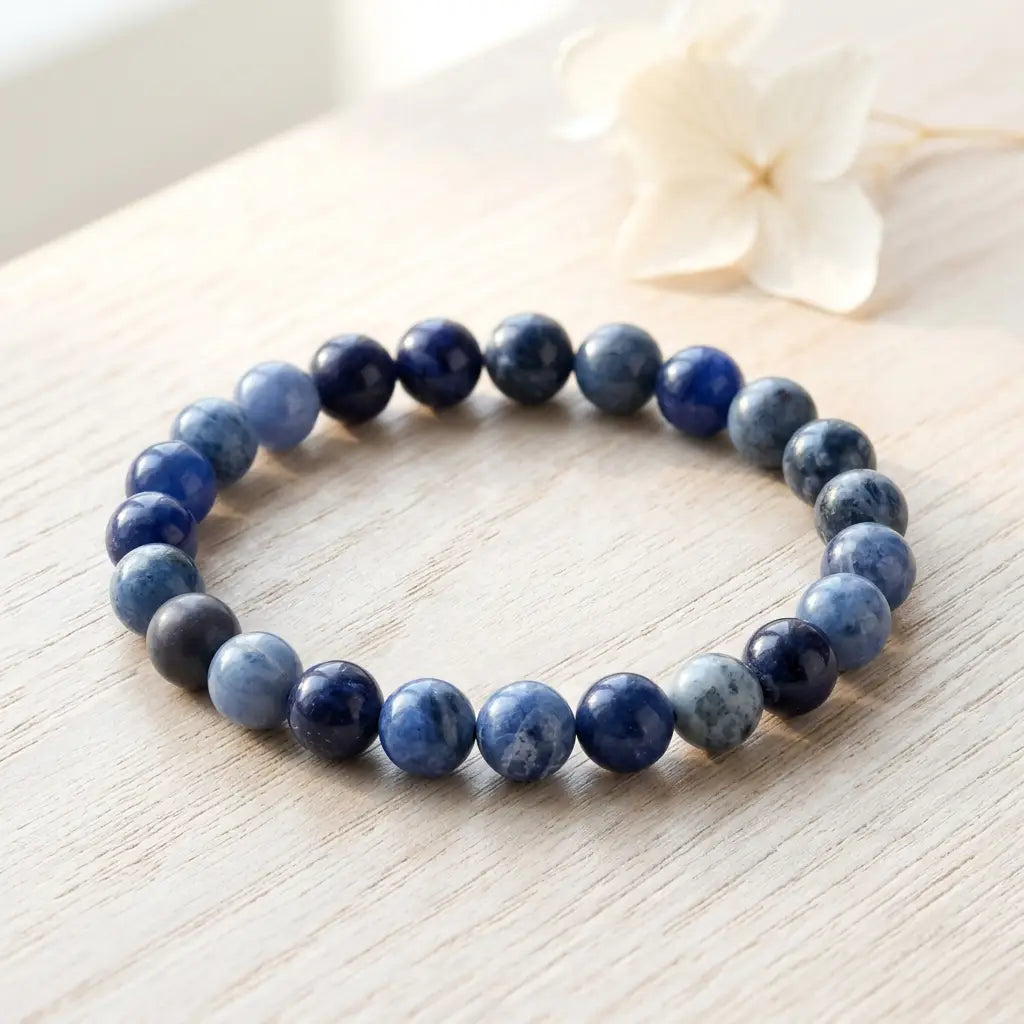 Sodalite stone bracelet blue bead stretch bracelet on wood with white flower, soothing crystal accessory gift idea