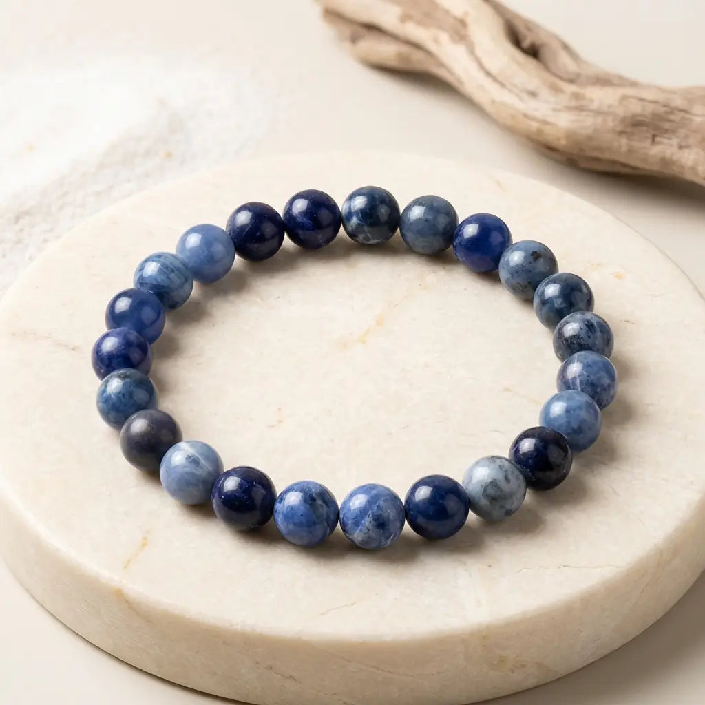 Sodalite stone bracelet blue round bead bracelet on stone tray with driftwood, elegant crystal jewelry gift look