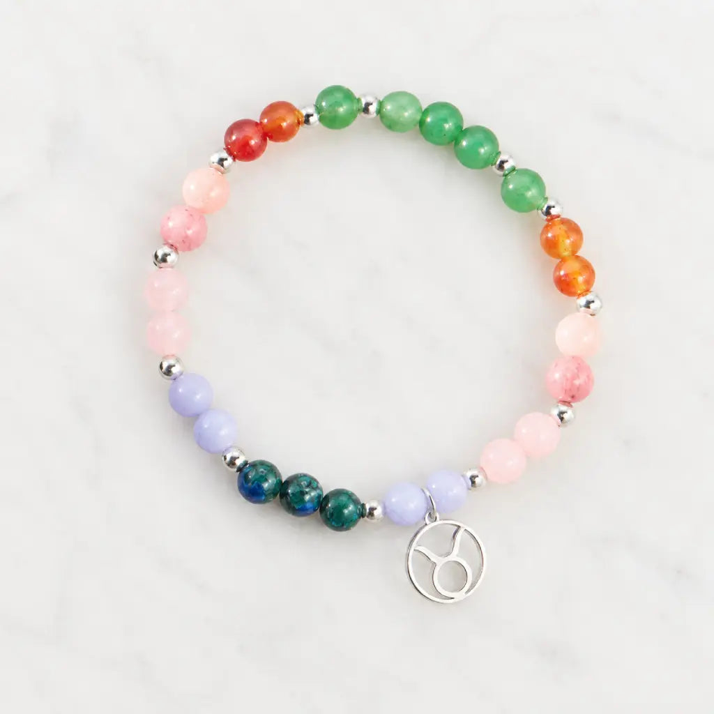 Taurus crystal bracelet full product view with multicolor gemstone beads and zodiac charm ideal for thoughtful gifting