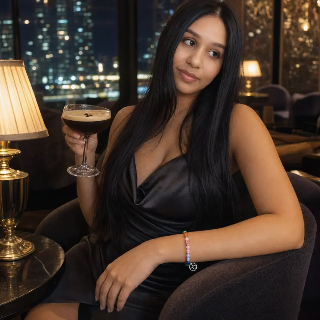 Taurus crystal bracelet styled with an evening outfit and gemstone jewelry for a refined luxury lounge experience