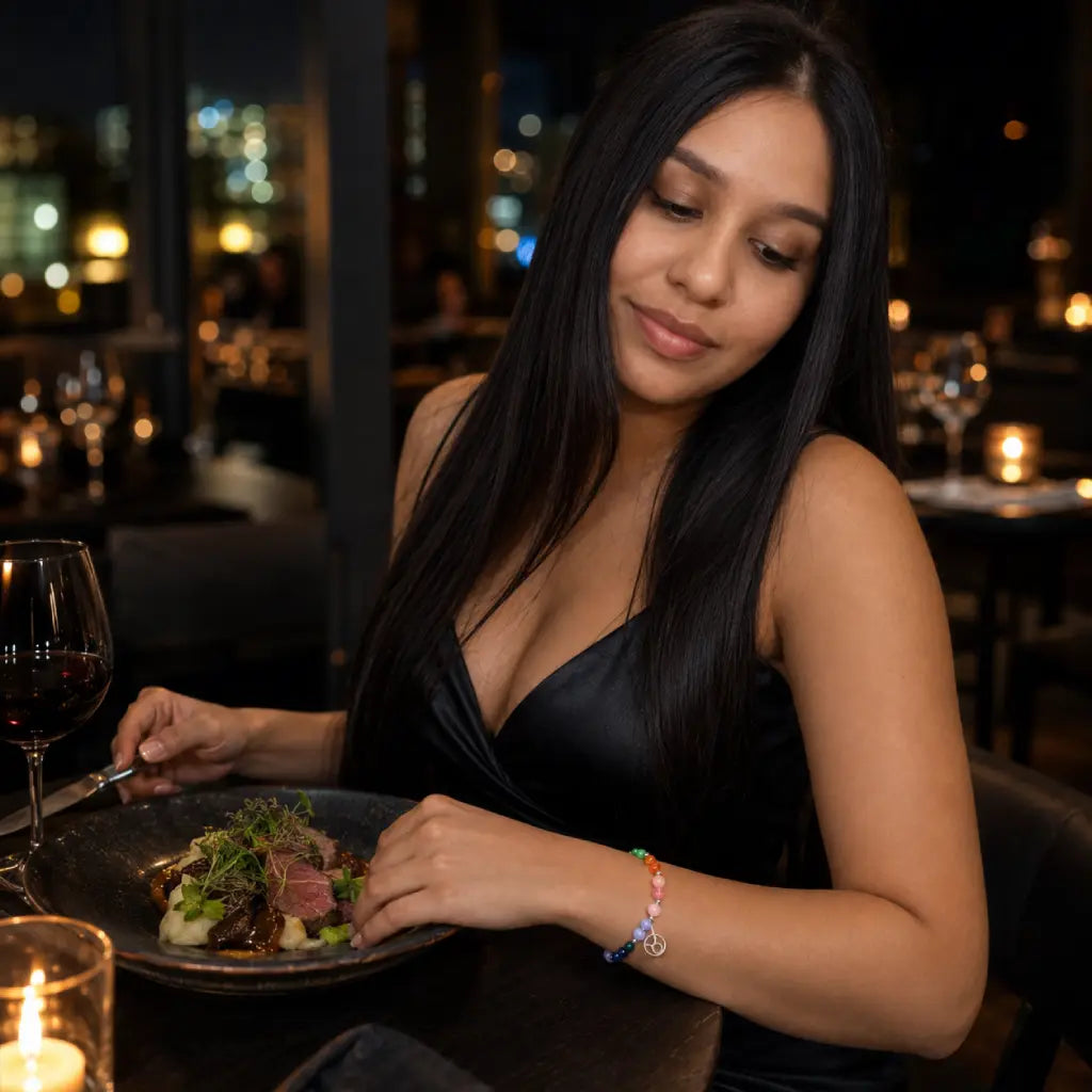 Taurus crystal bracelet worn during an elegant dinner date with gemstone beads and zodiac jewelry styling for luxury appeal