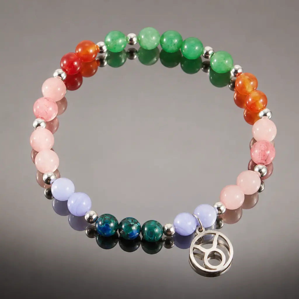 Taurus crystal bracelet captured in a reflective studio setting highlighting gemstone jewelry and zodiac charm details