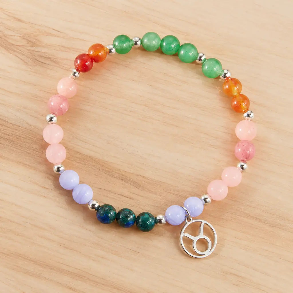 Taurus crystal bracelet displayed on a natural wood surface showcasing healing crystal jewelry and zodiac symbolism