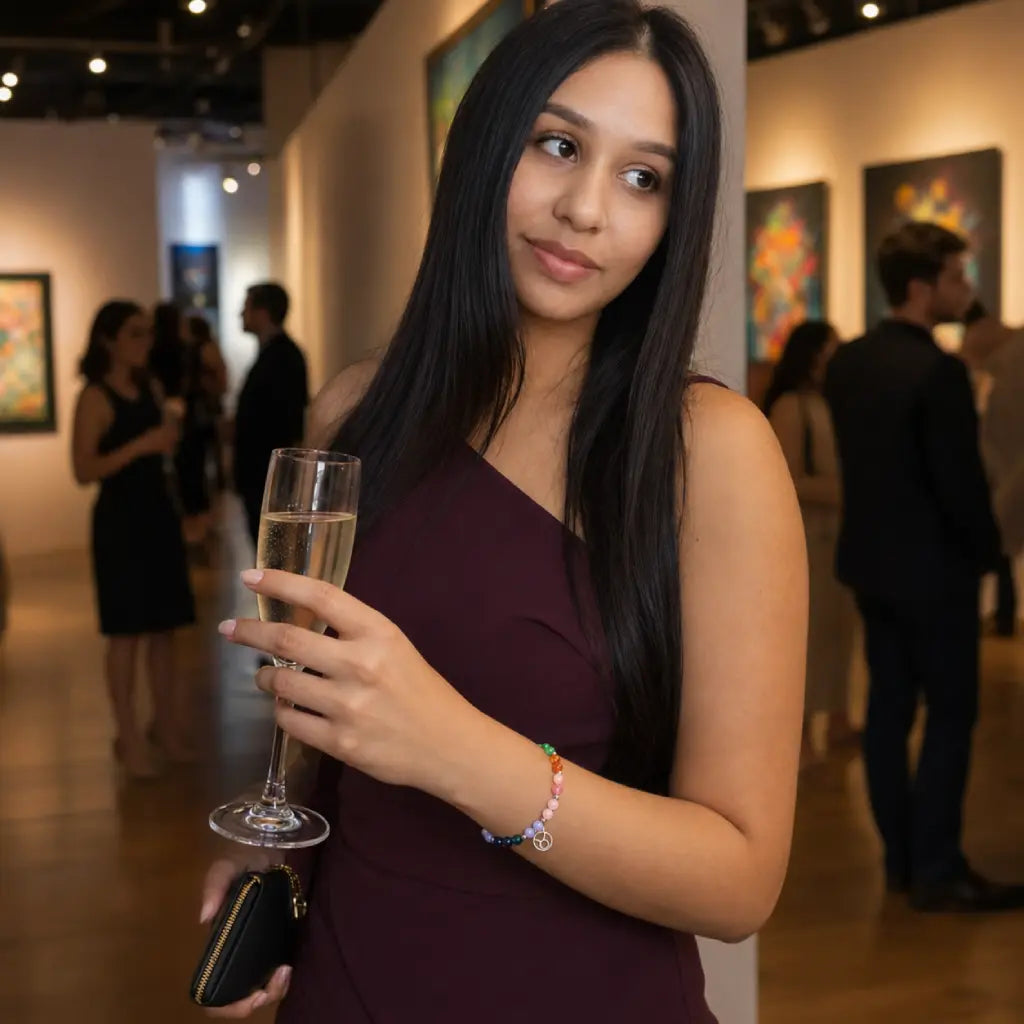 Taurus crystal bracelet showcased at an art gallery event with crystal bead jewelry and stylish zodiac accessory inspiration