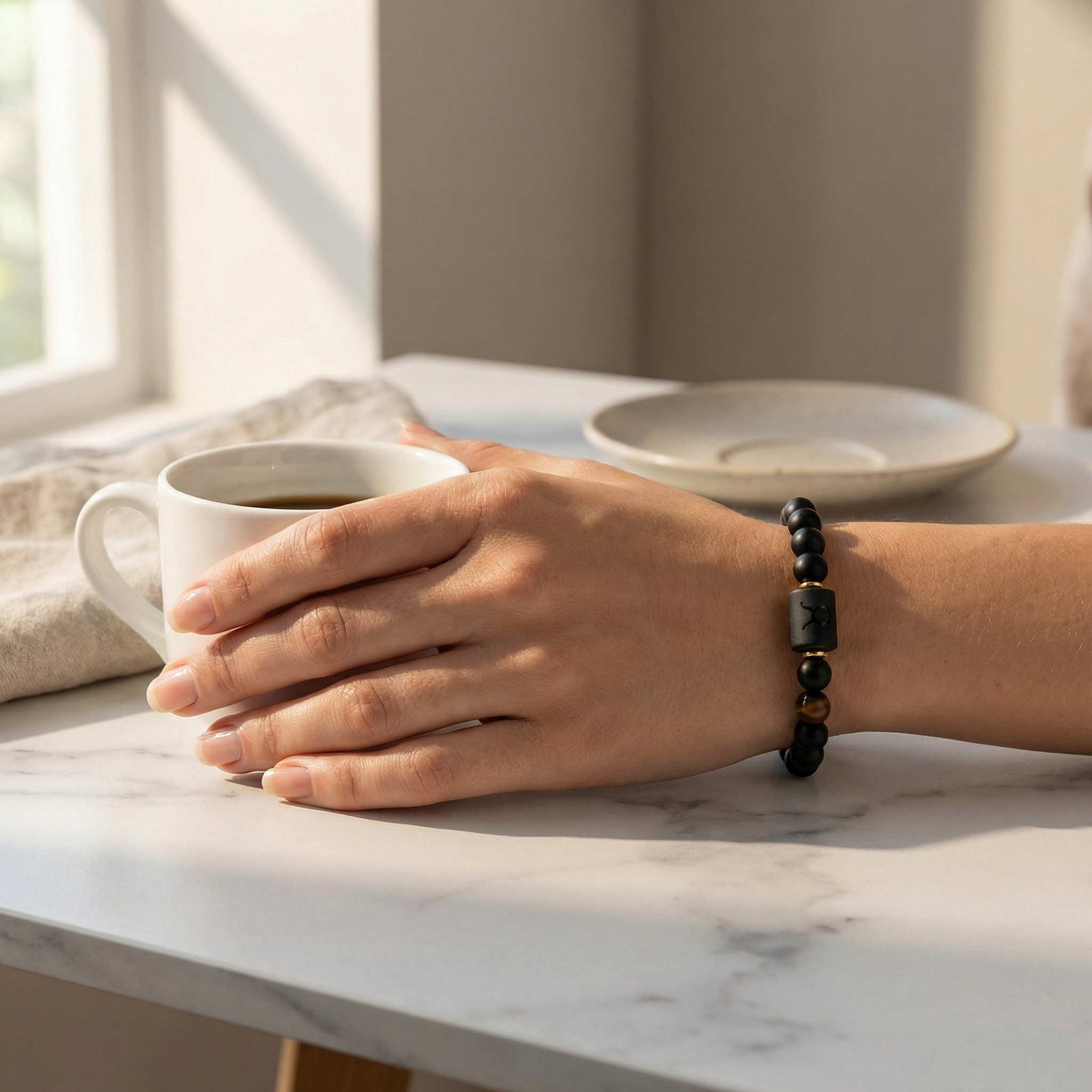 Taurus Zodiac Bracelet worn holding coffee cup with black beads and tiger eye, cozy astrology jewelry for calm mornings grounding energy and style