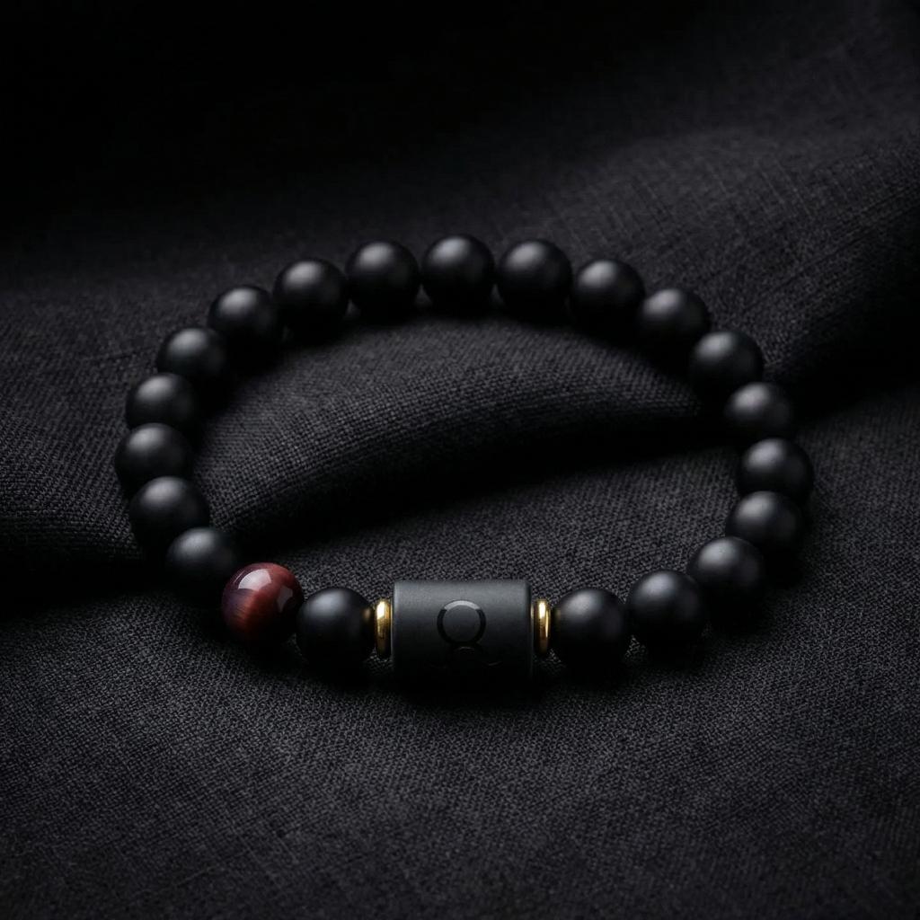 Taurus Zodiac Bracelet displayed on black fabric with matte beads and red tiger eye, elegant astrology jewelry for calm focus and balance