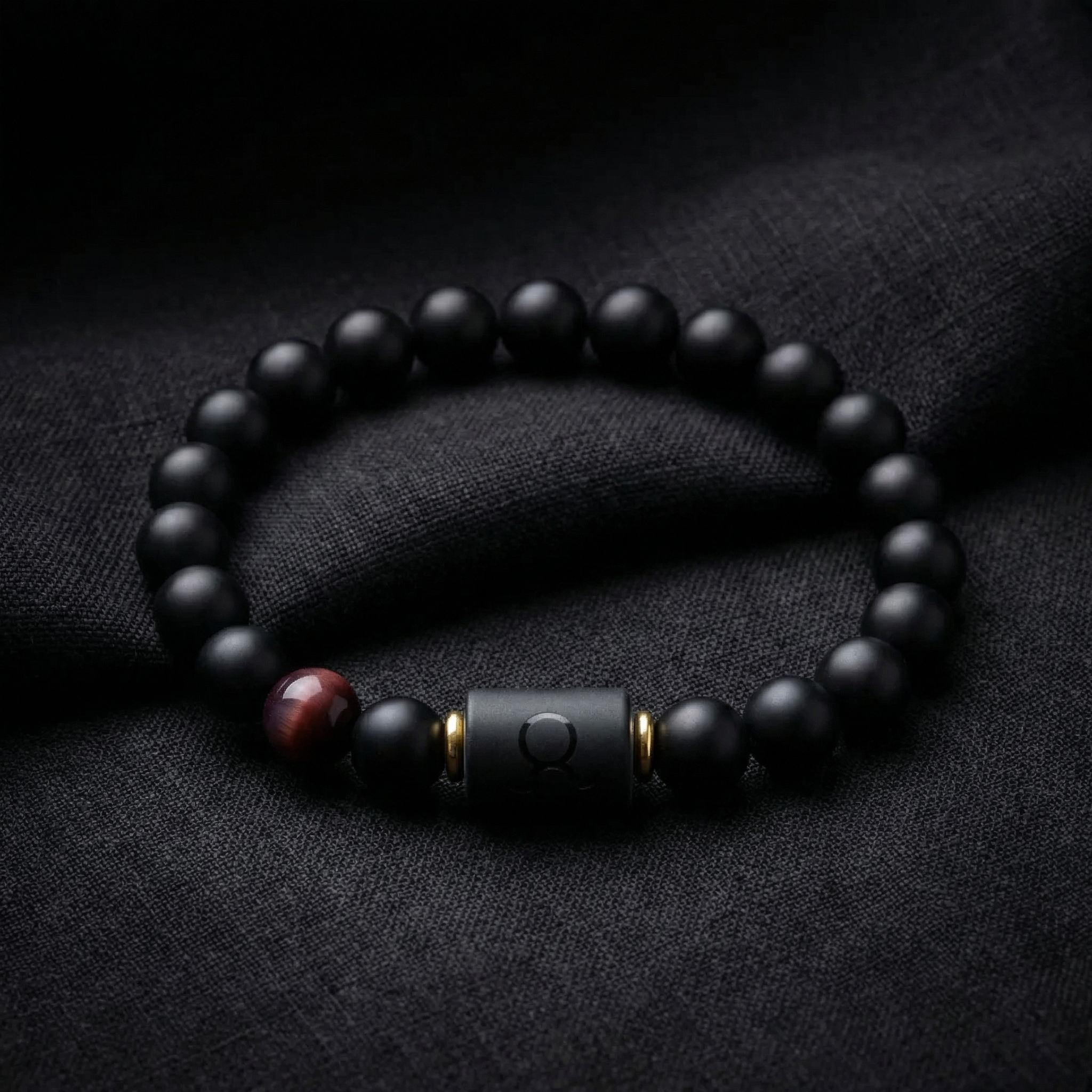 Taurus Zodiac Bracelet displayed on black fabric with matte beads and red tiger eye, elegant astrology jewelry for calm focus and balance