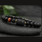 Taurus Zodiac Bracelet on stacked black stones with matte beads and tiger eye, elegant astrology jewelry for grounding energy strength and balance