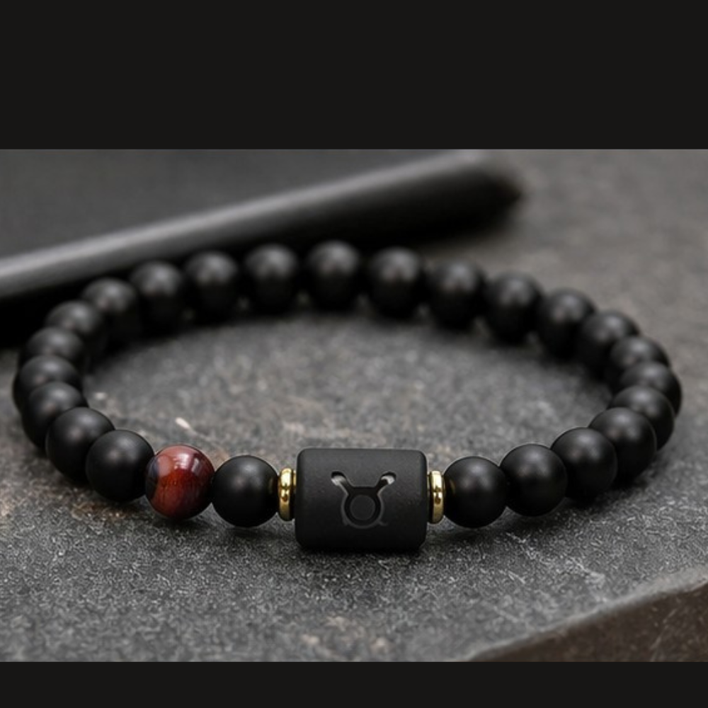 Taurus Zodiac Bracelet on dark stone surface with black beads and tiger eye, masculine astrology jewelry for strength grounding energy and bold style