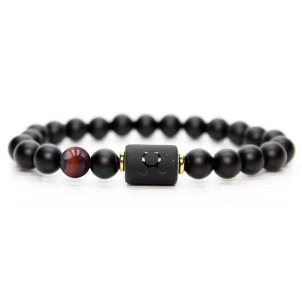 Taurus Zodiac Bracelet with black matte beads and red tiger eye accent, minimalist astrology jewelry for strength grounding energy