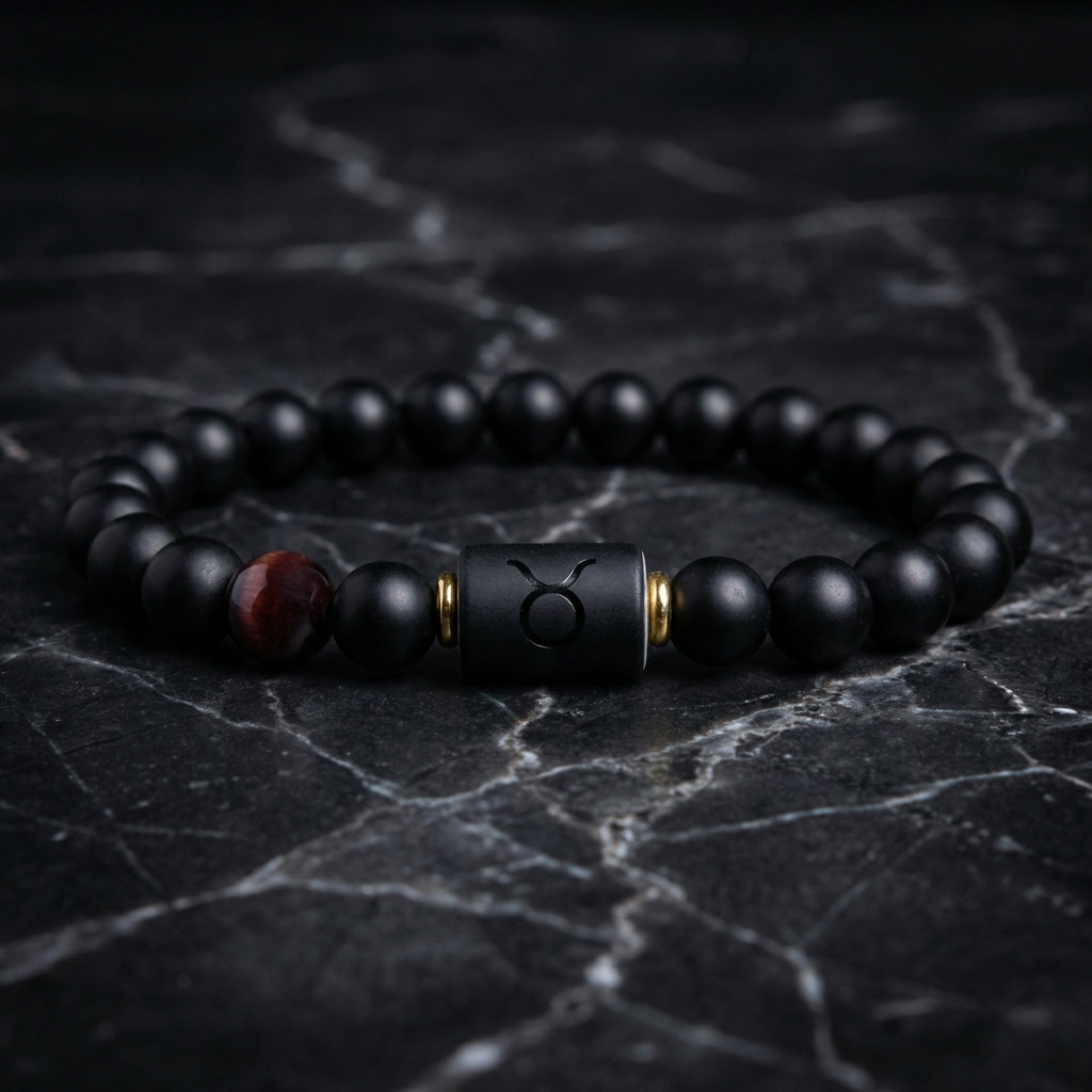 Taurus Zodiac Bracelet on dark marble surface with black beads and tiger eye accent, bold astrology jewelry for grounding energy and style