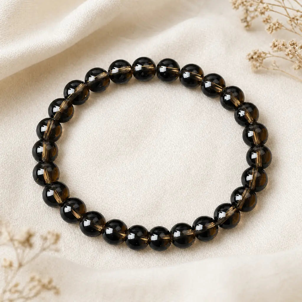 Tea crystal bracelet dark brown round bead bracelet on linen with dried flowers, luxe grounding gemstone gift set
