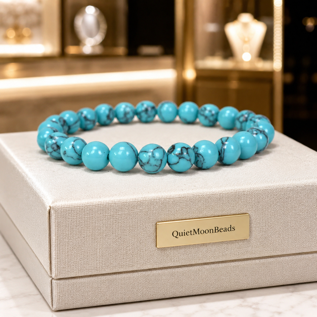 Teal howlite gemstone bracelet with marbled beads in a premium jewelry display for timeless fashion appeal