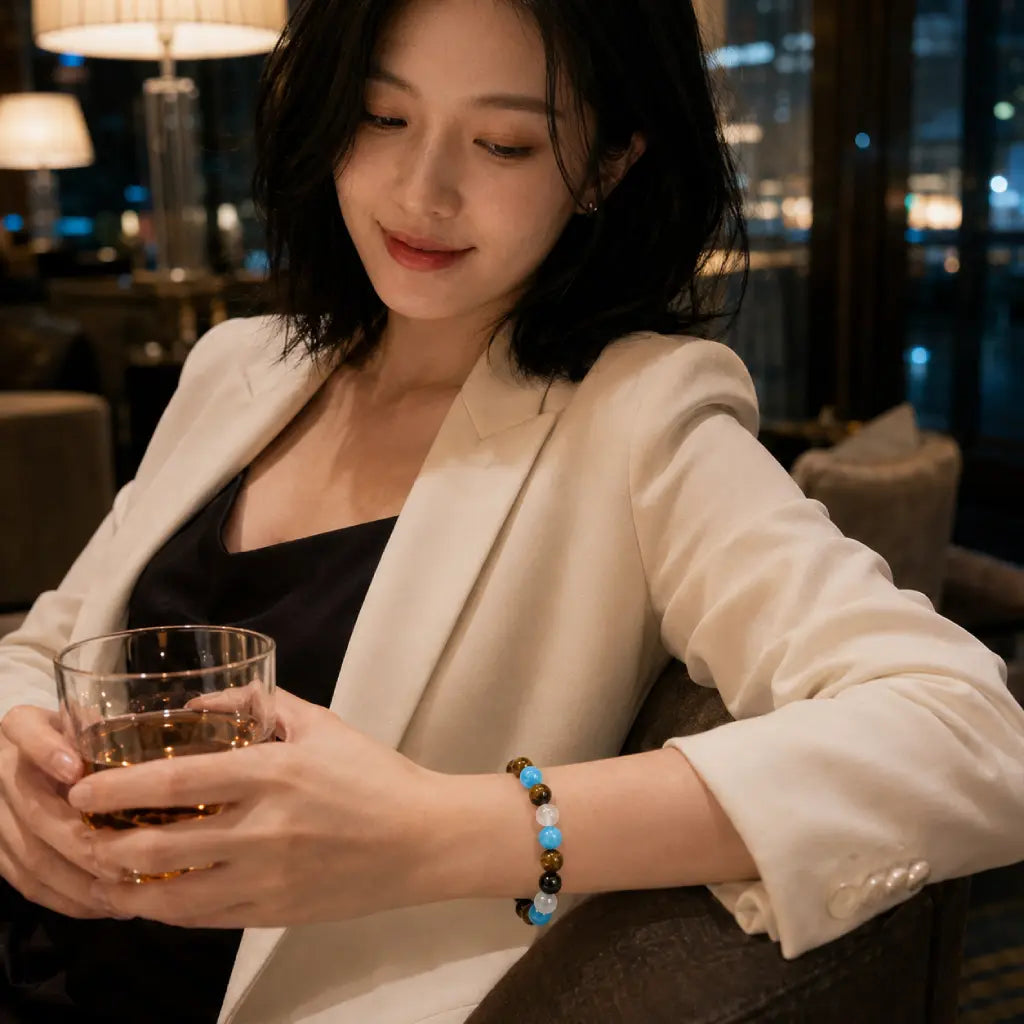 Tiger eye bracelet paired with modern fashion styling and natural crystal jewelry for everyday sophistication