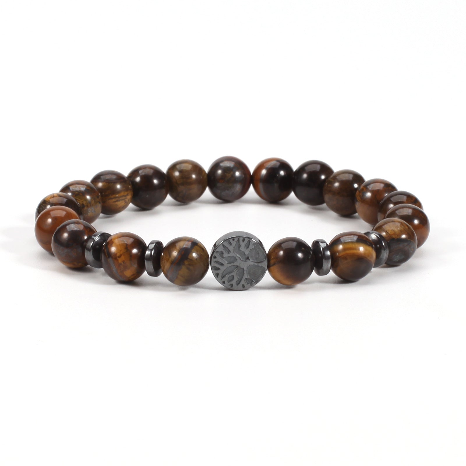 Tiger eye bracelet with glossy brown-gold 8mm round beads, four dark spacer rings, and a round tree-design focal bead, shown in a clean full front view on a plain white background.