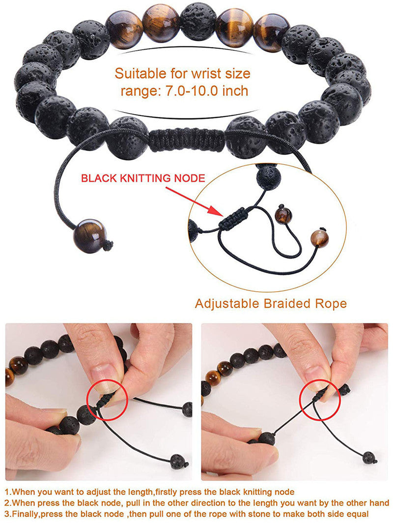 Tiger eye couple bracelets adjustment guide showing the black sliding knot, cord ends, wrist placement, and step-by-step close views for tightening the strand with details in view.